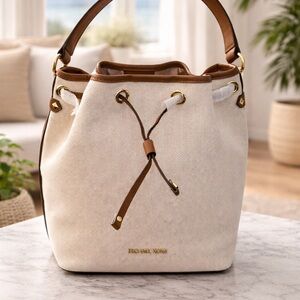 MICHAEL KORS Cream Canvas Bucket Bag with Brown Trim and Gold Hardware